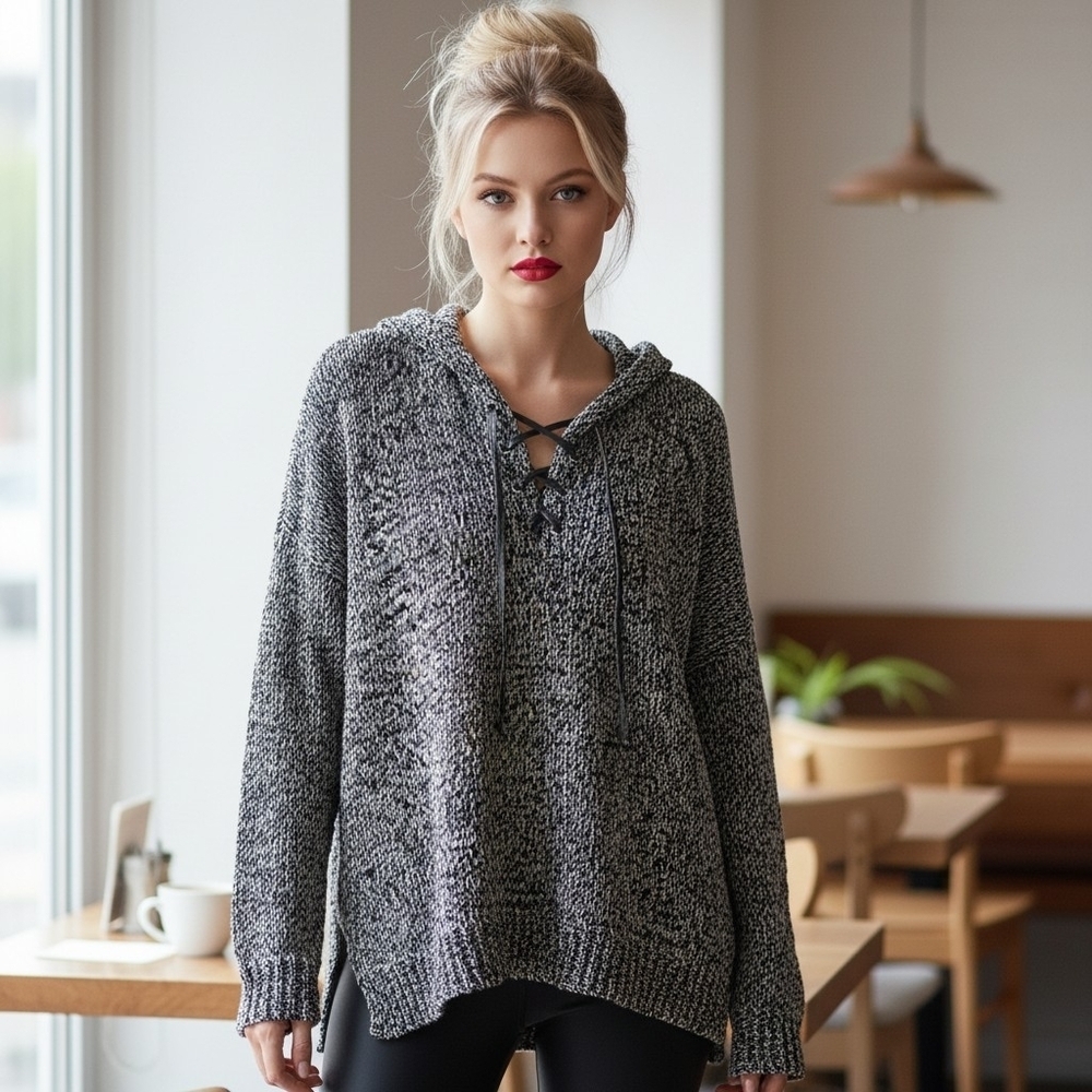 Rock & Republic Black and Gray  Marled Knit Lace Front Hooded Sweater